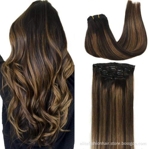 Clip in Human Hair Extensions, 18 Inch 120g 7pcs Dark Brown to Chestnut Brown Balayage Hair Extensions Clip In Human Hair